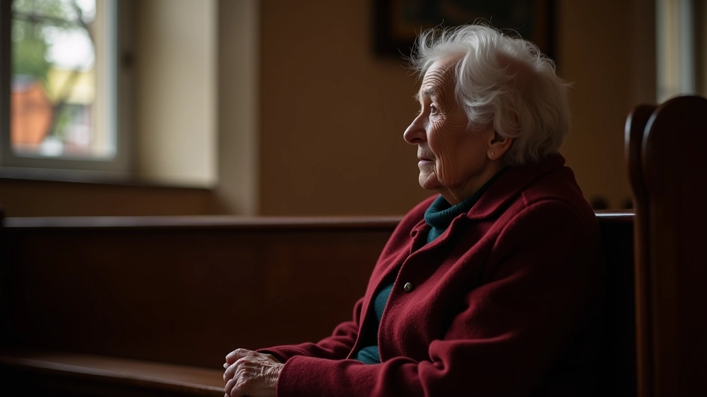 Senjorė gražiai apsidžiusi sėdi koplyčioje, ramūs šviesa