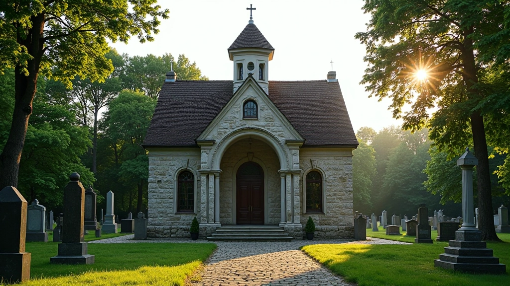 Graži kapinyno koplyčia su tradicine architektūra ir ramiu kraštovaizdžiu